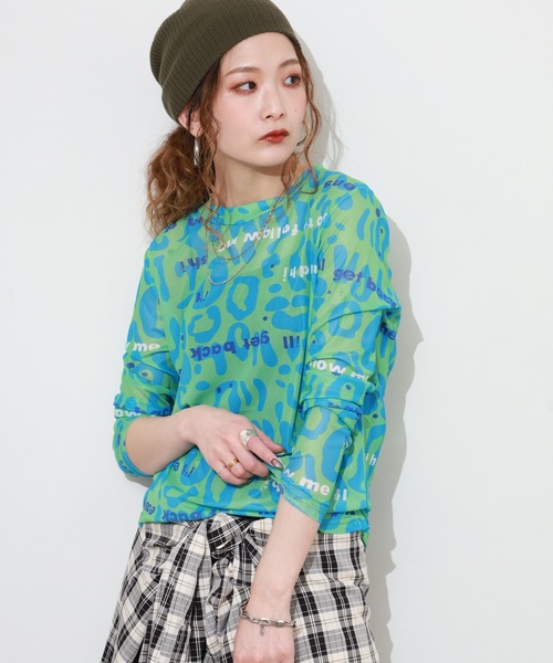 crossi（クロッシー）の「アルファベット&レオパード柄チュールレース長袖カットソー（Tシャツ/カットソー・レディース・ピンク/ブラック/ホワイト/グリーン・FREE）」の4枚目の写真