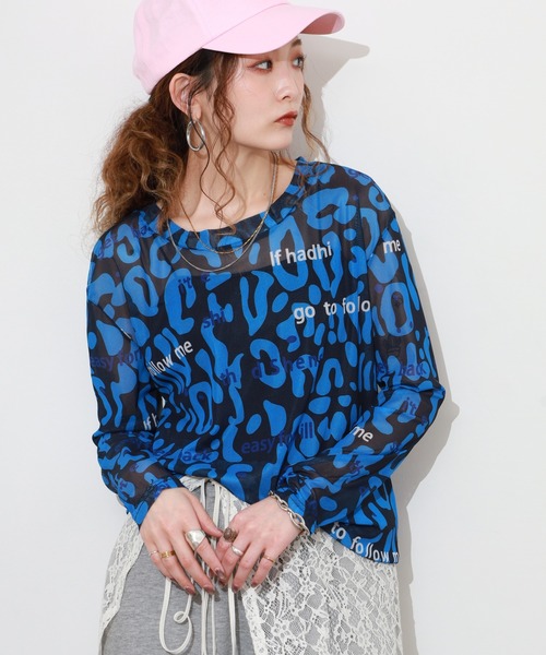 crossi（クロッシー）の「アルファベット&レオパード柄チュールレース長袖カットソー（Tシャツ/カットソー・レディース・ピンク/ブラック/ホワイト/グリーン・FREE）」の3枚目の写真