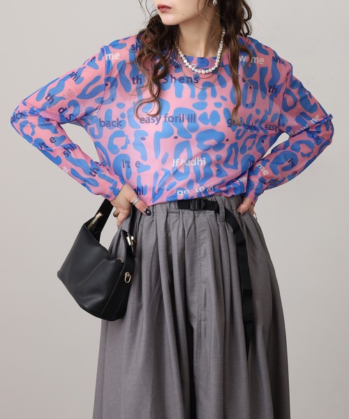 crossi（クロッシー）の「アルファベット&レオパード柄チュールレース長袖カットソー（Tシャツ/カットソー・レディース・ピンク/ブラック/ホワイト/グリーン・FREE）」の8枚目の写真