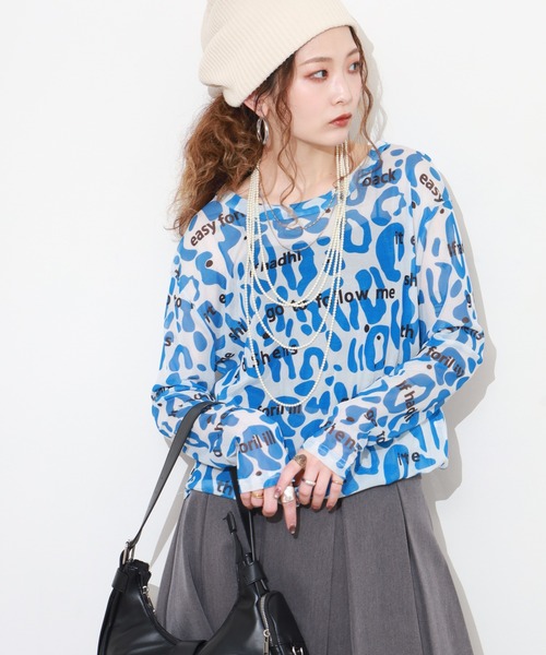 crossi（クロッシー）の「アルファベット&レオパード柄チュールレース長袖カットソー（Tシャツ/カットソー・レディース・ピンク/ブラック/ホワイト/グリーン・FREE）」の17枚目の写真