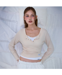 Eyelet Henley-neck Long Sleeve [Beige]