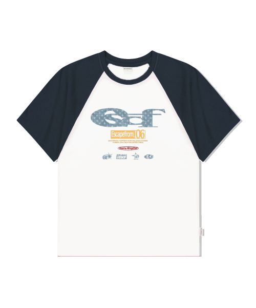 ESCAPEFROM（エスケープフロム）の「スターデニムESCFロゴコラージュプリントラグラン配色半袖ネイビー（Tシャツ/カットソー・レディース・その他・MEDIUM/LARGE）」の2枚目の写真