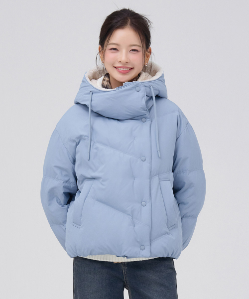 女性ボアフードプファージャケット-ブルー（ダウンジャケット/コート