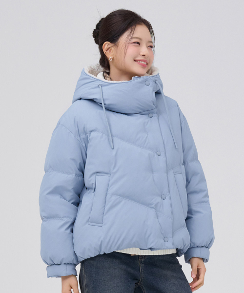 女性ボアフードプファージャケット-ブルー（ダウンジャケット/コート