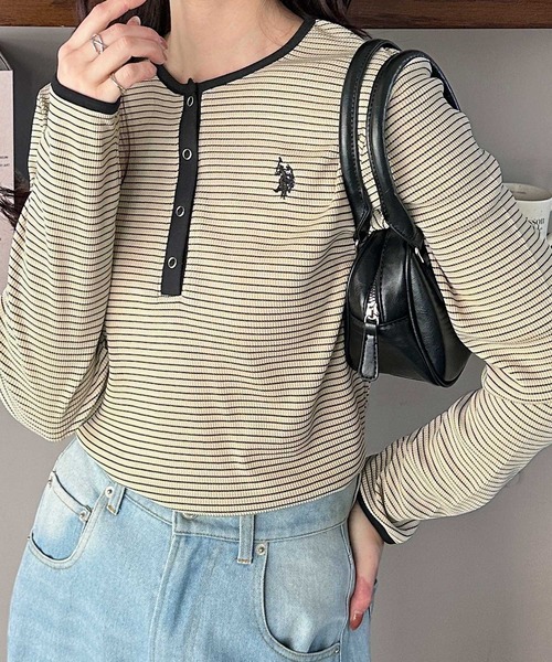 U.S. POLO ASSN.（ユーエスポロアッスン）の「GeeRA別注【U.S.POLOASSN.】ワンポイント刺繍 ワッフルヘンリーネックボーダーロンT（Tシャツ/カットソー・レディース・アイボリー/ブラック・MEDIUM/LARGE/X-LARGE）」の6枚目の写真