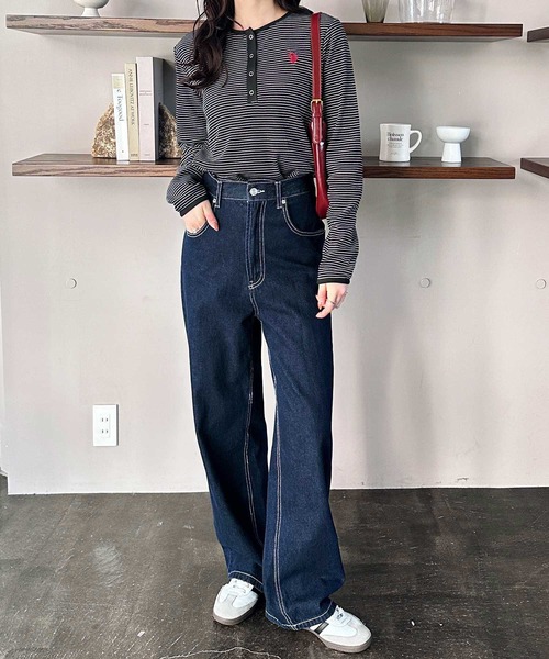 U.S. POLO ASSN.（ユーエスポロアッスン）の「GeeRA別注【U.S.POLOASSN.】ワンポイント刺繍 ワッフルヘンリーネックボーダーロンT（Tシャツ/カットソー・レディース・アイボリー/ブラック・MEDIUM/LARGE/X-LARGE）」の11枚目の写真