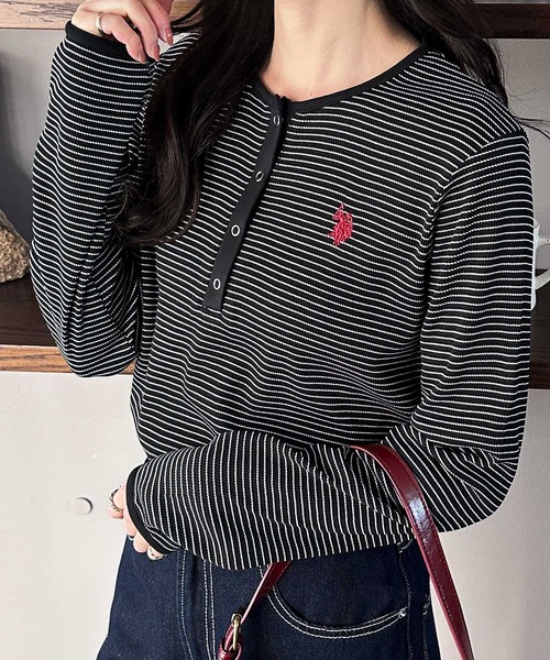 U.S. POLO ASSN.（ユーエスポロアッスン）の「GeeRA別注【U.S.POLOASSN.】ワンポイント刺繍 ワッフルヘンリーネックボーダーロンT（Tシャツ/カットソー・レディース・アイボリー/ブラック・MEDIUM/LARGE/X-LARGE）」の10枚目の写真