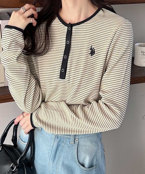 U.S. POLO ASSN.（ユーエスポロアッスン）の「GeeRA別注【U.S.POLOASSN.】ワンポイント刺繍 ワッフルヘンリーネックボーダーロンT（Tシャツ/カットソー・レディース・アイボリー/ブラック・MEDIUM/LARGE/X-LARGE）」の20枚目の写真