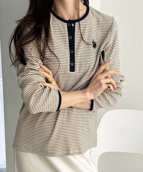 U.S. POLO ASSN.（ユーエスポロアッスン）の「GeeRA別注【U.S.POLOASSN.】ワンポイント刺繍 ワッフルヘンリーネックボーダーロンT（Tシャツ/カットソー・レディース・アイボリー/ブラック・MEDIUM/LARGE/X-LARGE）」の18枚目の写真