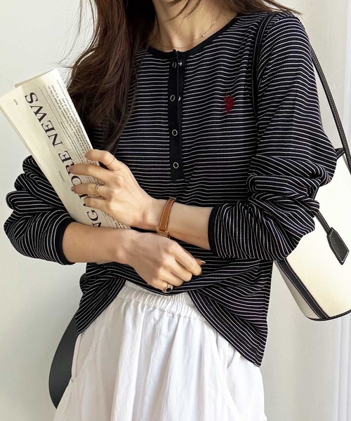 U.S. POLO ASSN.（ユーエスポロアッスン）の「GeeRA別注【U.S.POLOASSN.】ワンポイント刺繍 ワッフルヘンリーネックボーダーロンT（Tシャツ/カットソー・レディース・アイボリー/ブラック・MEDIUM/LARGE/X-LARGE）」の22枚目の写真