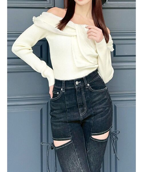 RESEXXY（リゼクシー）の「フロントリボンリブニットトップス（ニット/セーター・レディース・オレンジ/ブラック/アイボリー・FREE）」の2枚目の写真