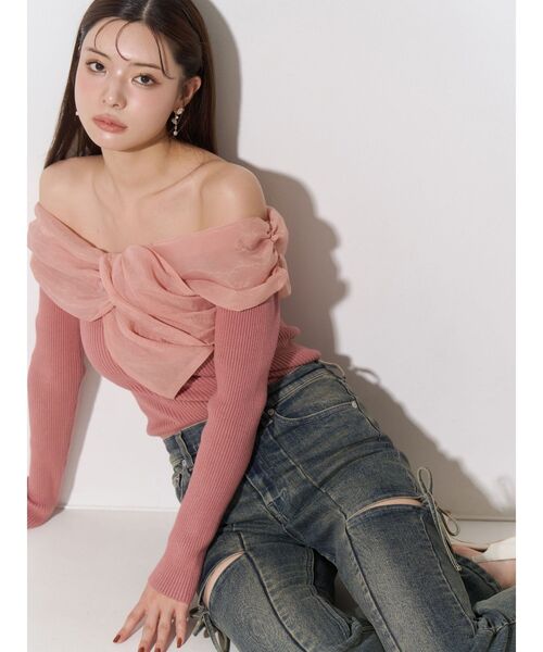 RESEXXY（リゼクシー）の「フロントリボンリブニットトップス（ニット/セーター・レディース・オレンジ/ブラック/アイボリー・FREE）」の4枚目の写真