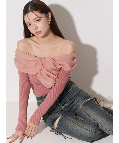 RESEXXY（リゼクシー）の「フロントリボンリブニットトップス（ニット/セーター・レディース・オレンジ/ブラック/アイボリー・FREE）」の5枚目の写真