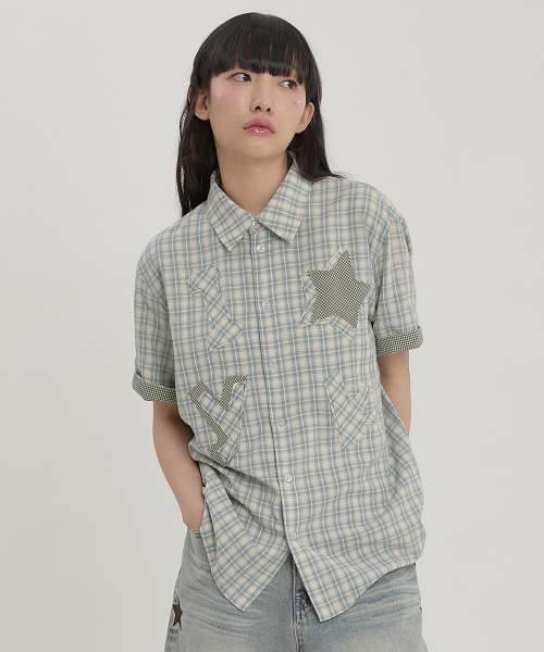 WaiKei（ワイケイ）の「YK スターアップリケチェック半袖シャツミント（シャツ/ブラウス・レディース・その他・0/1/2）」の2枚目の写真