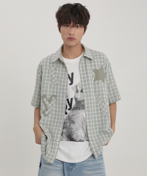 WaiKei（ワイケイ）の「YK スターアップリケチェック半袖シャツミント（シャツ/ブラウス・レディース・その他・0/1/2）」の3枚目の写真
