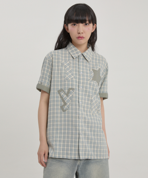 WaiKei（ワイケイ）の「YK スターアップリケチェック半袖シャツミント（シャツ/ブラウス・レディース・その他・0/1/2）」の4枚目の写真