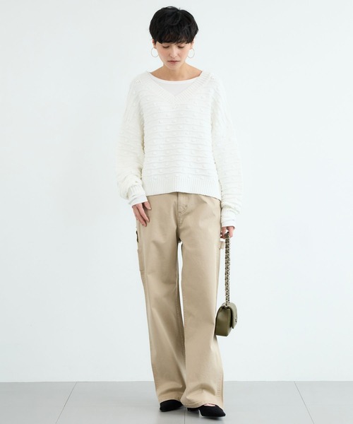 BARNYARDSTORM（バンヤードストーム）の「BARNYARDSTORM / Vネックポコポコニット / ハンドウォッシャブル（ニット/セーター・レディース・グリーン/ホワイト・FREE）」の4枚目の写真