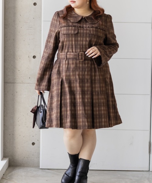 CLETTE(クレット)の「CLETTEオリジナルベルト付きボックスタックチェックミニワンピース(ワンピース・レディース・ネイビー/ブラック/ブラウン・3L/LL/4L)」の2枚目の写真