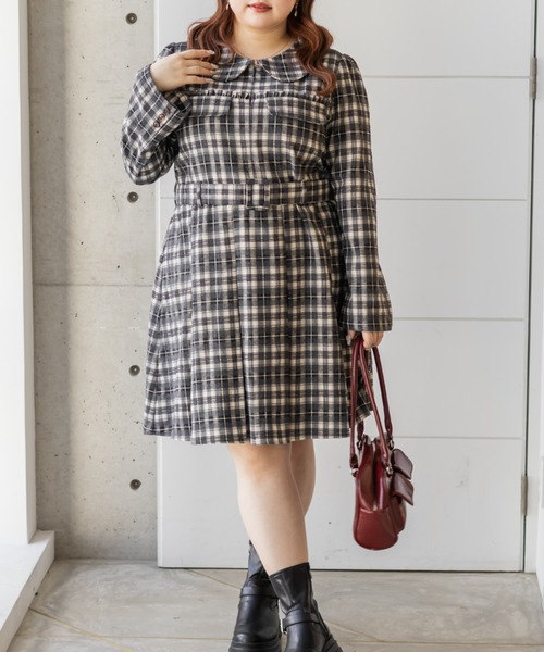 CLETTE(クレット)の「CLETTEオリジナルベルト付きボックスタックチェックミニワンピース(ワンピース・レディース・ネイビー/ブラック/ブラウン・3L/LL/4L)」の1枚目の写真