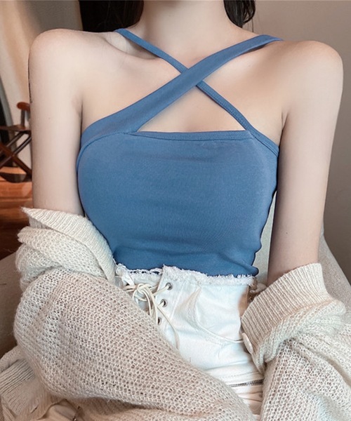 Lace Ladies(レースレディース)の「ソリッドカラー クロス ストラップ カップ付き タンクトップ(タンクトップ・レディース・ブラウン/ホワイト/ブルー/グレー/ブラック・FREE)」の5枚目の写真