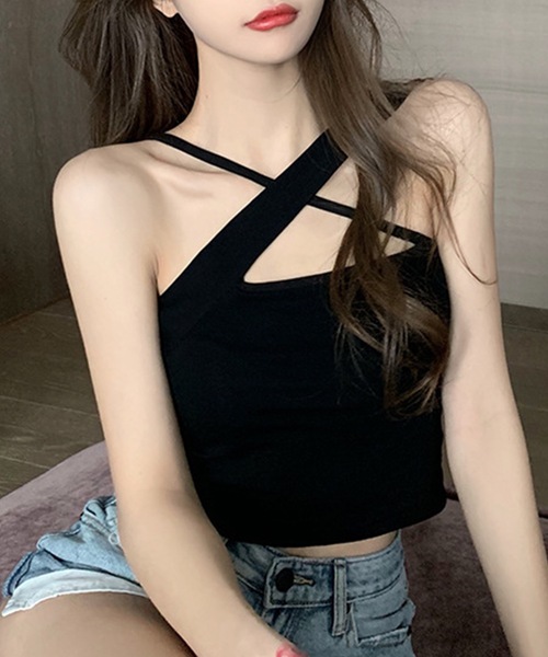 Lace Ladies(レースレディース)の「ソリッドカラー クロス ストラップ カップ付き タンクトップ(タンクトップ・レディース・ブラウン/ホワイト/ブルー/グレー/ブラック・FREE)」の1枚目の写真