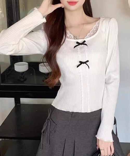 GLAMOROUS JANE(グラマラスジェーン)の「フロントリボン衿レース付トップス(Tシャツ/カットソー・レディース・ホワイト・M/L)」の4枚目の写真