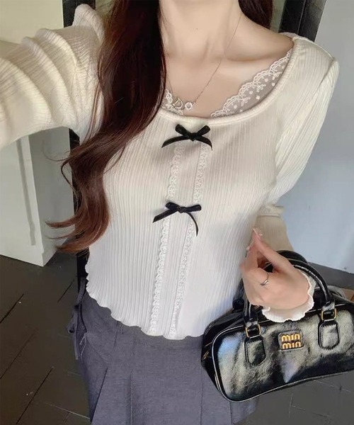 GLAMOROUS JANE(グラマラスジェーン)の「フロントリボン衿レース付トップス(Tシャツ/カットソー・レディース・ホワイト・M/L)」の2枚目の写真