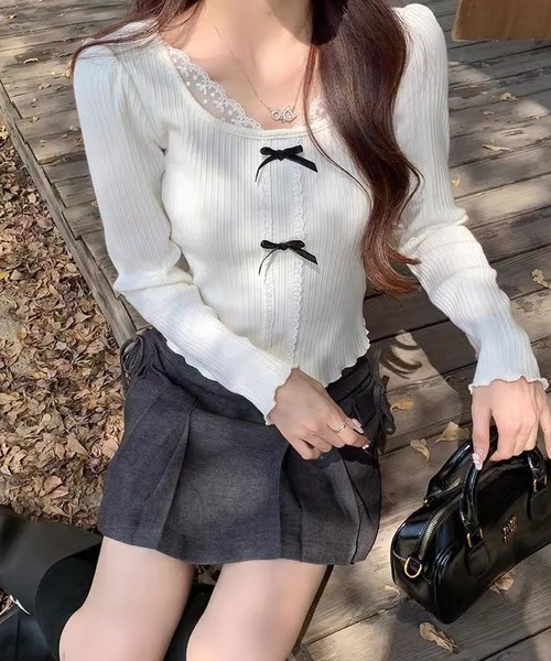 GLAMOROUS JANE(グラマラスジェーン)の「フロントリボン衿レース付トップス(Tシャツ/カットソー・レディース・ホワイト・M/L)」の3枚目の写真