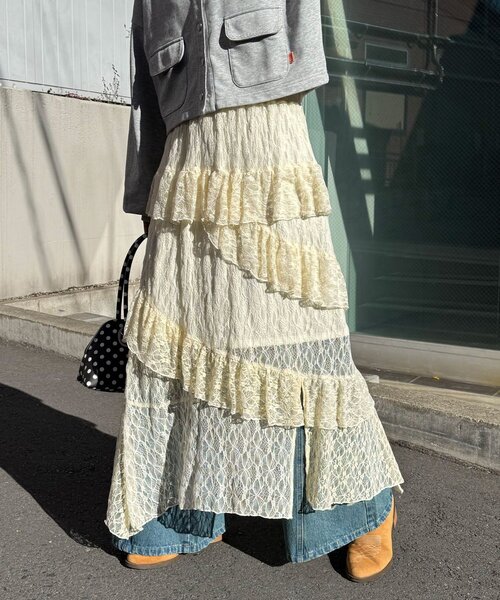 CIAOPANIC（チャオパニック）の「レースイレヘムIラインロングスカート（スカート・レディース・アイボリー/ブラック/ホワイト・ONE SIZE）」の2枚目の写真