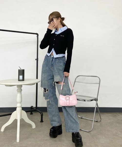 non-hedge（ノンヘッジ）の「シャツレイヤード風ショート丈トップス（Tシャツ/カットソー・レディース・チャコールグレー/オフホワイト/ブラック・FREE）」の4枚目の写真