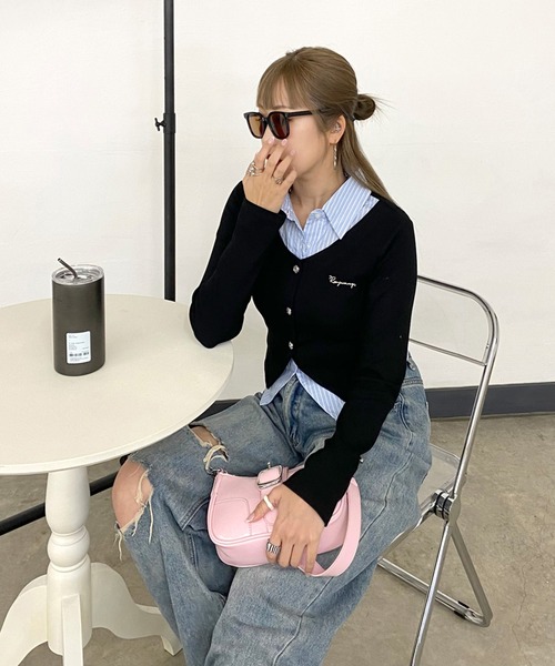 non-hedge（ノンヘッジ）の「シャツレイヤード風ショート丈トップス（Tシャツ/カットソー・レディース・チャコールグレー/オフホワイト/ブラック・FREE）」の5枚目の写真