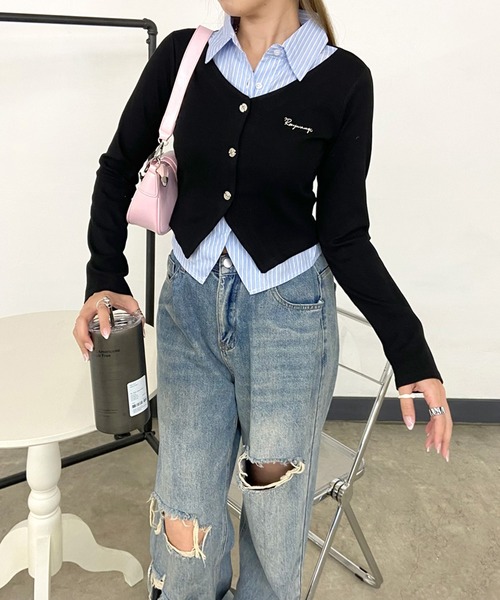non-hedge（ノンヘッジ）の「シャツレイヤード風ショート丈トップス（Tシャツ/カットソー・レディース・チャコールグレー/オフホワイト/ブラック・FREE）」の8枚目の写真