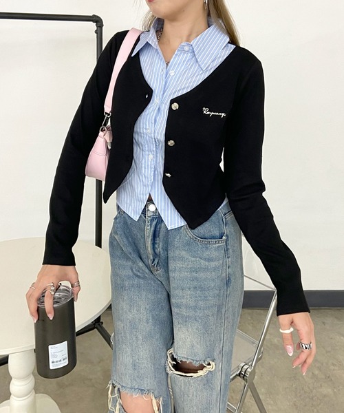 non-hedge（ノンヘッジ）の「シャツレイヤード風ショート丈トップス（Tシャツ/カットソー・レディース・チャコールグレー/オフホワイト/ブラック・FREE）」の9枚目の写真