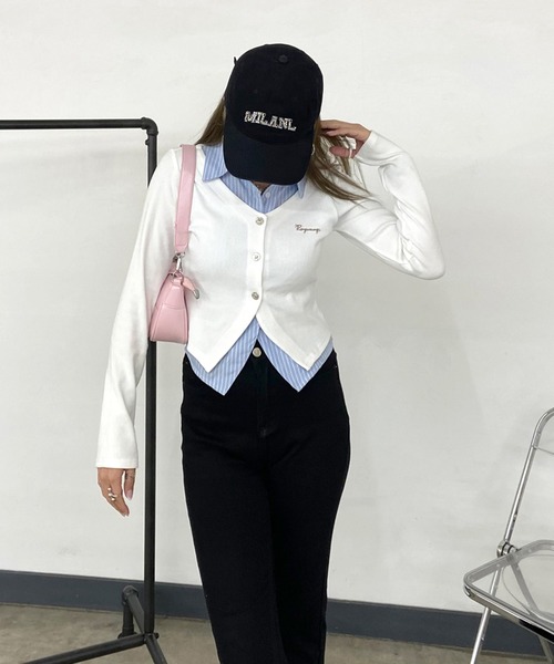 non-hedge（ノンヘッジ）の「シャツレイヤード風ショート丈トップス（Tシャツ/カットソー・レディース・チャコールグレー/オフホワイト/ブラック・FREE）」の14枚目の写真