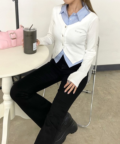 non-hedge（ノンヘッジ）の「シャツレイヤード風ショート丈トップス（Tシャツ/カットソー・レディース・チャコールグレー/オフホワイト/ブラック・FREE）」の20枚目の写真