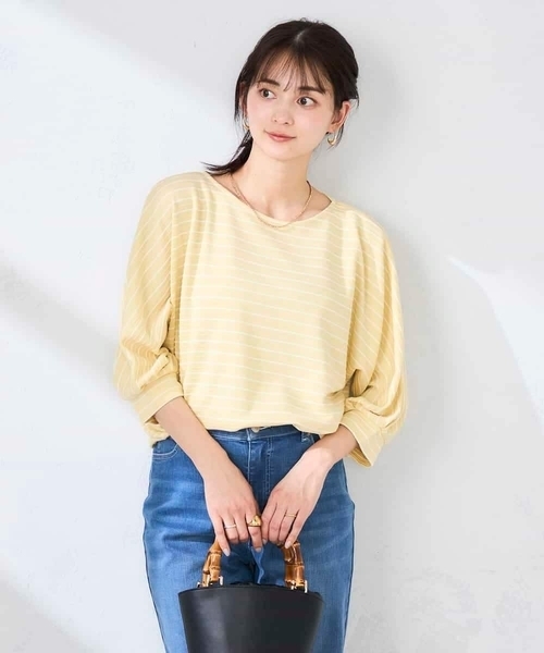 a.v.v(アーヴェヴェ)の「ボーダードルマントップス【WEB限定】(Tシャツ/カットソー・レディース・ミント/クリーム/ブルー/アイボリー・36/40/38)」の1枚目の写真
