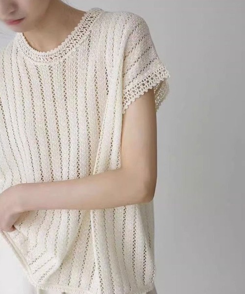 mielu（ミエル）の「透かし編みストライプニットトップス（ニット/セーター・レディース・ネイビー/ホワイト・LARGE/MEDIUM）」の6枚目の写真