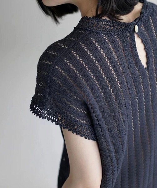 mielu（ミエル）の「透かし編みストライプニットトップス（ニット/セーター・レディース・ネイビー/ホワイト・LARGE/MEDIUM）」の9枚目の写真
