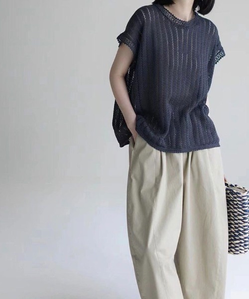 mielu（ミエル）の「透かし編みストライプニットトップス（ニット/セーター・レディース・ネイビー/ホワイト・LARGE/MEDIUM）」の3枚目の写真