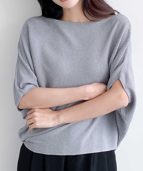 LOWO(ロワ)の「ボートネックドルマンスリーブ半袖カットソー(Tシャツ/カットソー・レディース・オフホワイト/グレー/チャコールグレー/ブラック/イエロー・FREE)」の4枚目の写真