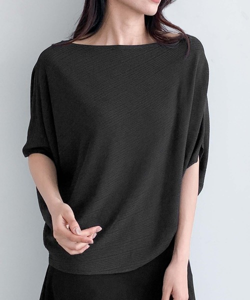 LOWO(ロワ)の「ボートネックドルマンスリーブ半袖カットソー(Tシャツ/カットソー・レディース・オフホワイト/グレー/チャコールグレー/ブラック/イエロー・FREE)」の3枚目の写真