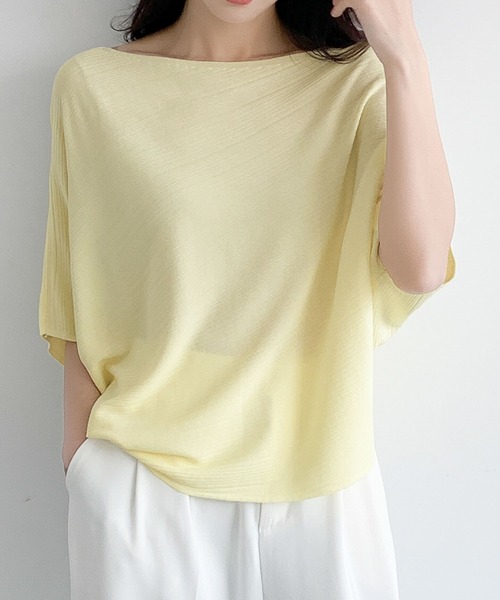 LOWO(ロワ)の「ボートネックドルマンスリーブ半袖カットソー(Tシャツ/カットソー・レディース・オフホワイト/グレー/チャコールグレー/ブラック/イエロー・FREE)」の5枚目の写真
