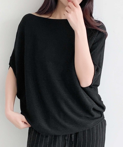 LOWO(ロワ)の「ボートネックドルマンスリーブ半袖カットソー(Tシャツ/カットソー・レディース・オフホワイト/グレー/チャコールグレー/ブラック/イエロー・FREE)」の2枚目の写真