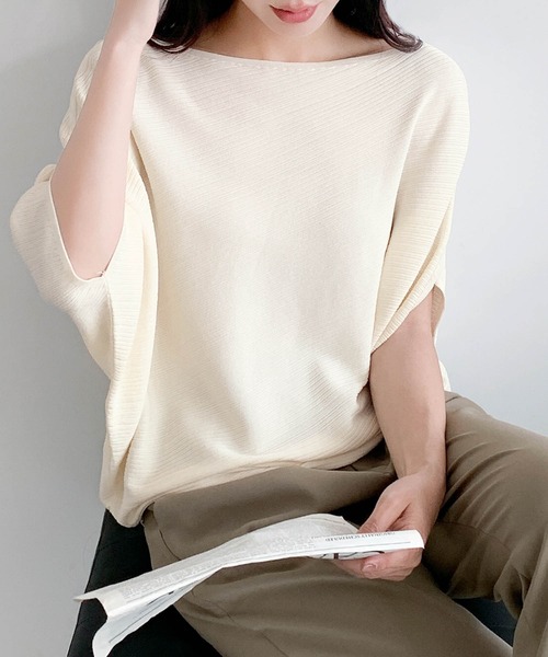 LOWO(ロワ)の「ボートネックドルマンスリーブ半袖カットソー(Tシャツ/カットソー・レディース・オフホワイト/グレー/チャコールグレー/ブラック/イエロー・FREE)」の8枚目の写真