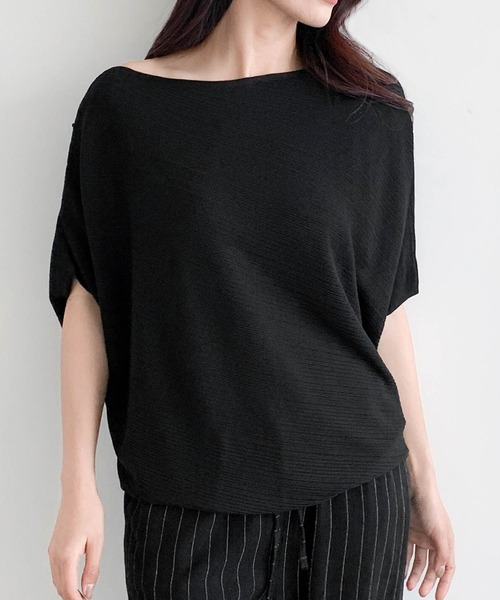 LOWO(ロワ)の「ボートネックドルマンスリーブ半袖カットソー(Tシャツ/カットソー・レディース・オフホワイト/グレー/チャコールグレー/ブラック/イエロー・FREE)」の9枚目の写真
