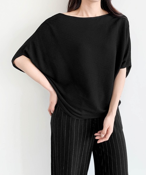 LOWO(ロワ)の「ボートネックドルマンスリーブ半袖カットソー(Tシャツ/カットソー・レディース・オフホワイト/グレー/チャコールグレー/ブラック/イエロー・FREE)」の11枚目の写真