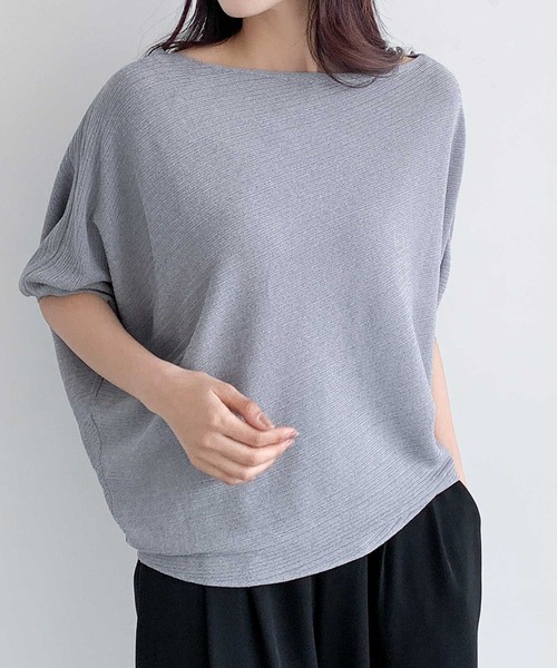 LOWO(ロワ)の「ボートネックドルマンスリーブ半袖カットソー(Tシャツ/カットソー・レディース・オフホワイト/グレー/チャコールグレー/ブラック/イエロー・FREE)」の12枚目の写真