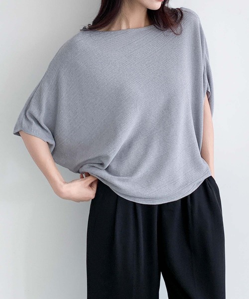 LOWO(ロワ)の「ボートネックドルマンスリーブ半袖カットソー(Tシャツ/カットソー・レディース・オフホワイト/グレー/チャコールグレー/ブラック/イエロー・FREE)」の13枚目の写真