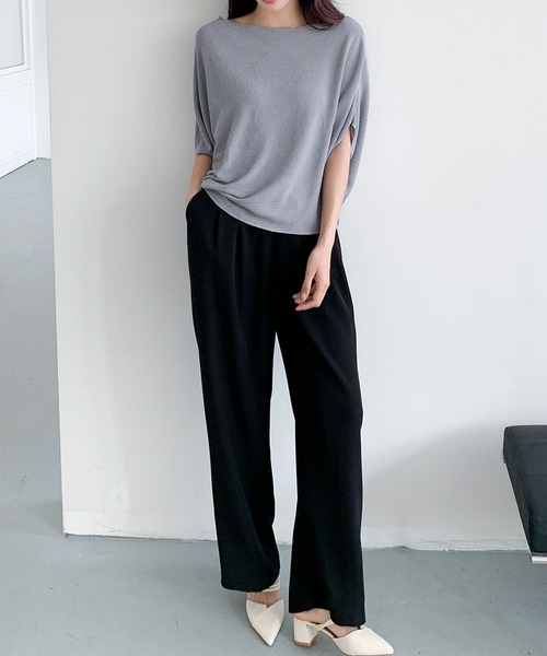 LOWO(ロワ)の「ボートネックドルマンスリーブ半袖カットソー(Tシャツ/カットソー・レディース・オフホワイト/グレー/チャコールグレー/ブラック/イエロー・FREE)」の14枚目の写真