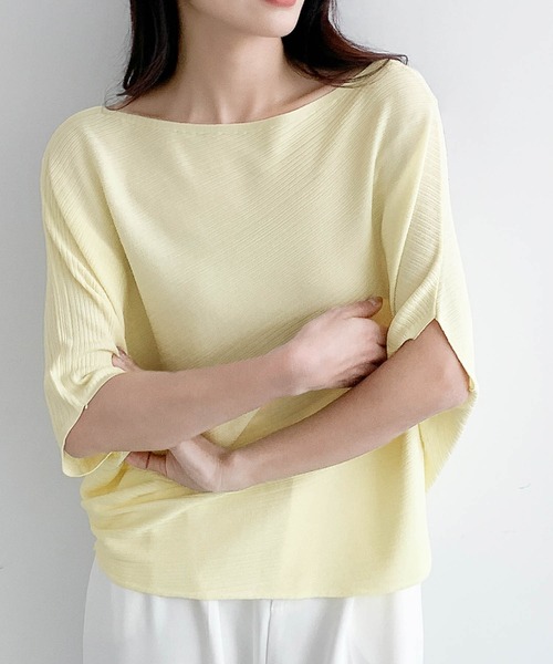 LOWO(ロワ)の「ボートネックドルマンスリーブ半袖カットソー(Tシャツ/カットソー・レディース・オフホワイト/グレー/チャコールグレー/ブラック/イエロー・FREE)」の18枚目の写真